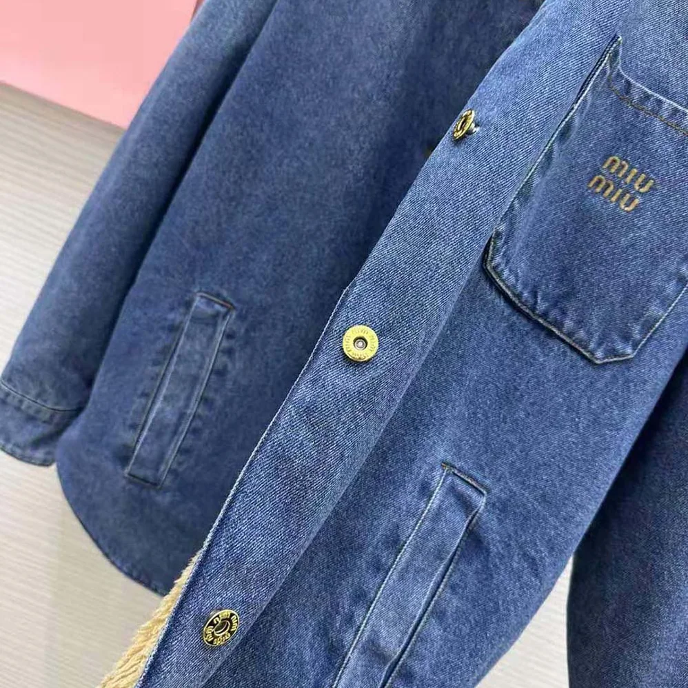 Miu Miu Embroidered Denim Blouson Jacket with Embroidered Logo for Women
