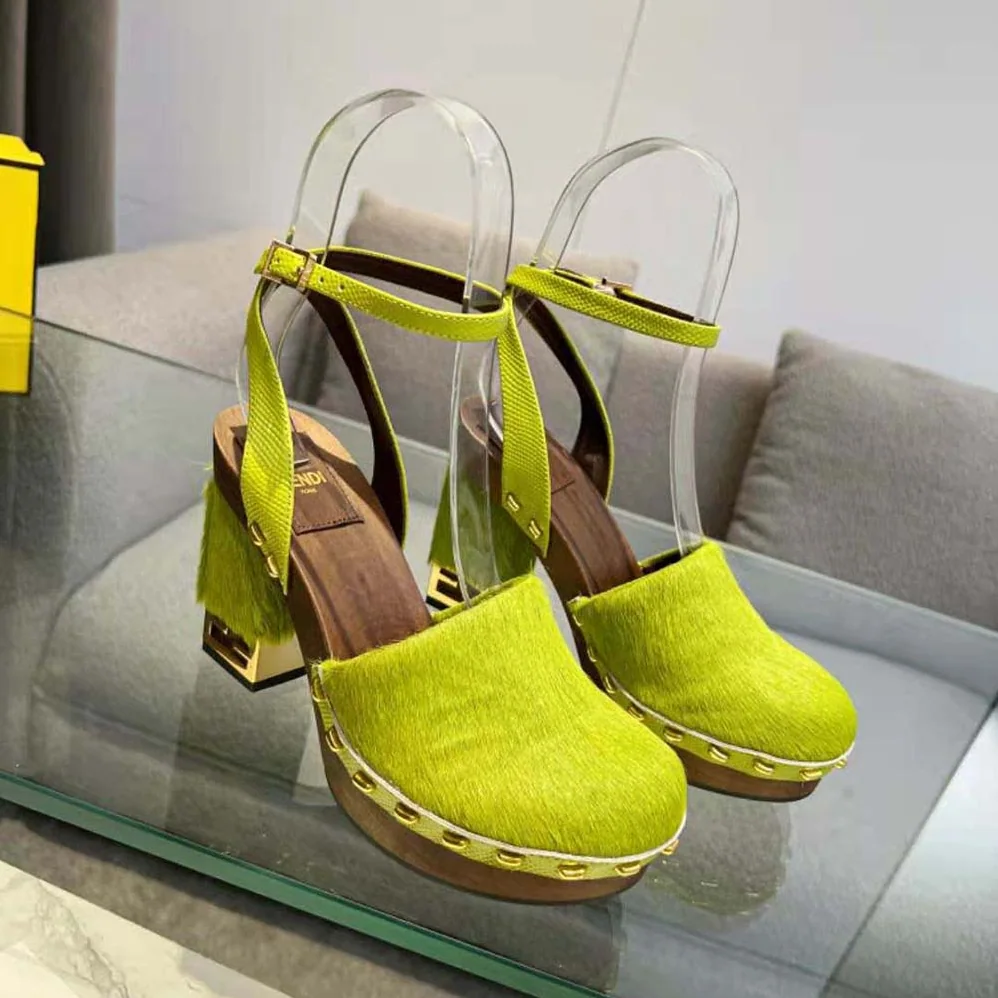 Fendi Baguette Show Green Pony Hair High for Women in Heeled Clogs Fendi Baguette Show Green Pony Hair High for Women in Heeled Clogs