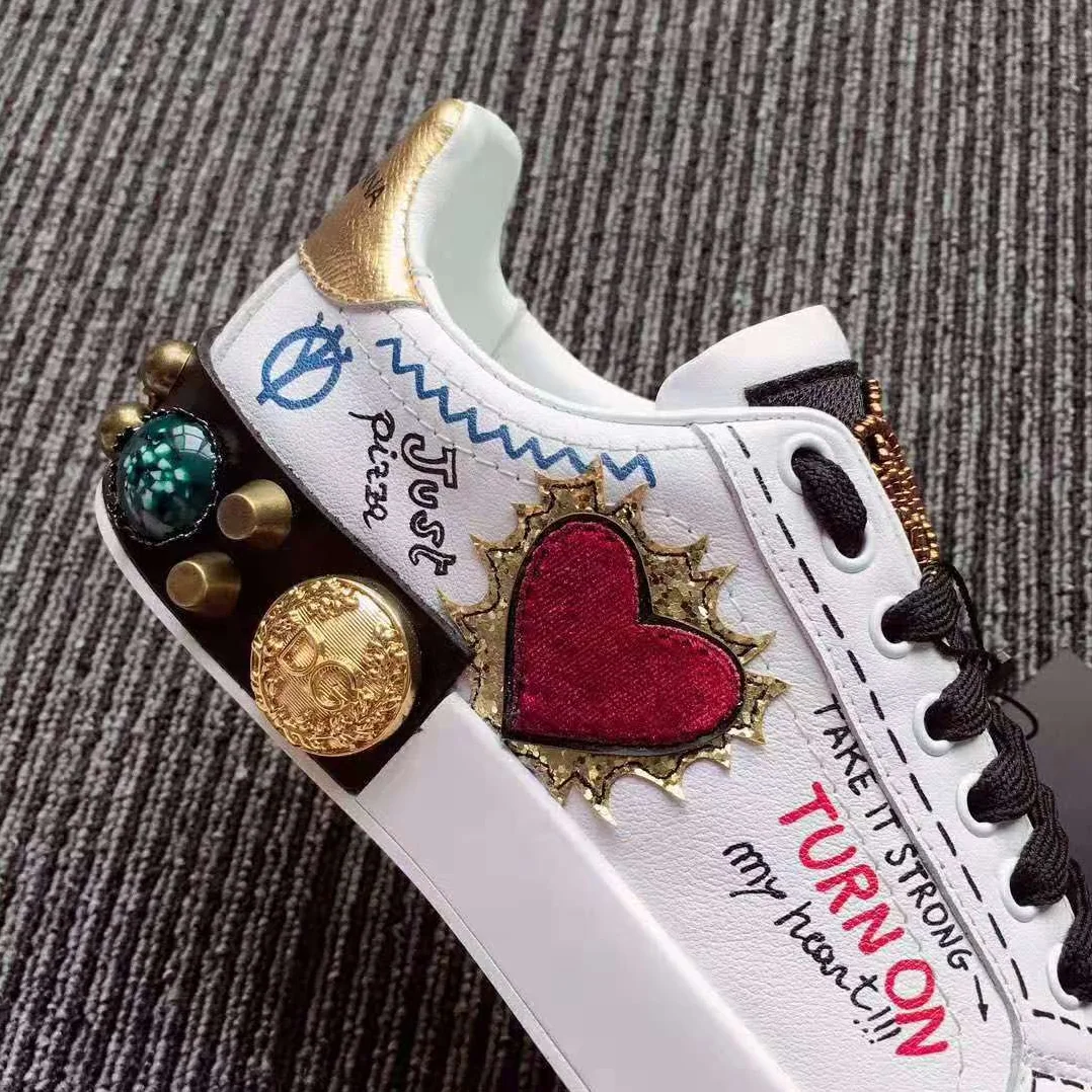 Dolce Gabbana D&G Printed Calfskin Nappa Portofino Sneakers with Patch and Embroidery for Women in White