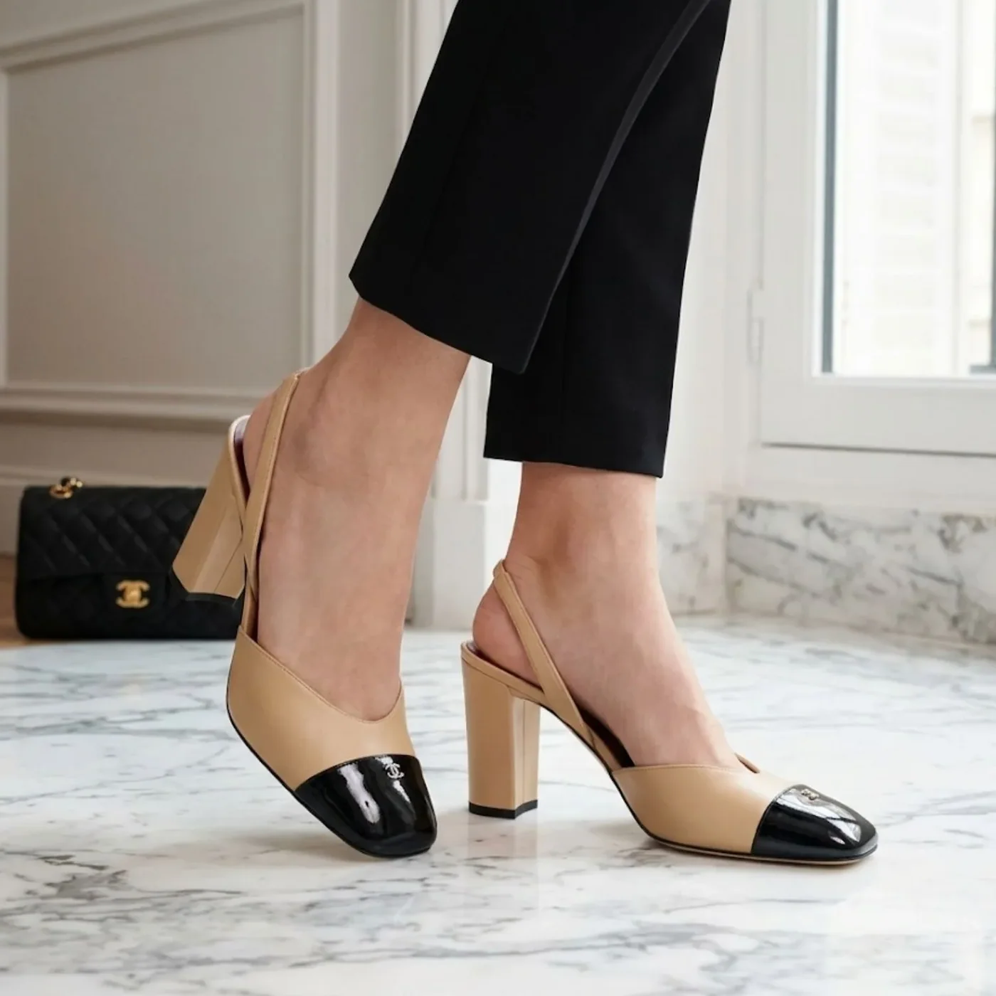 Chanel Slingbacks Beige/ Black --U9753