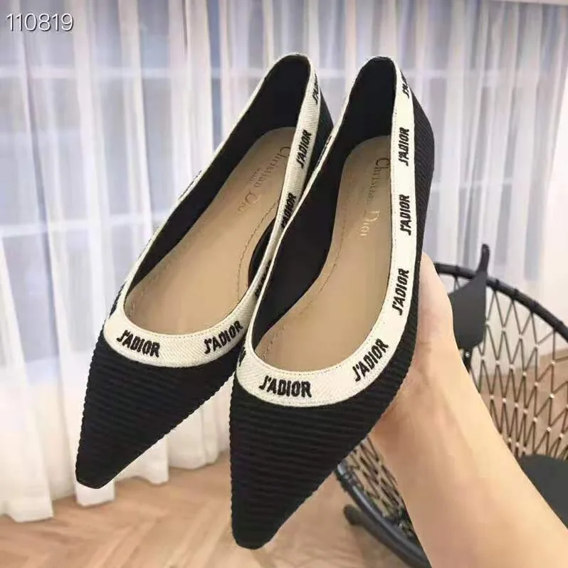Dior J'adior Embroidered Ballet Flat Technical Canvas Embroidered Ribbon for Women in Black