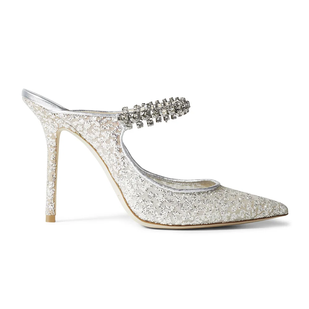 Jimmy Choo BING 100 Silver Glitter Tulle Mules with Crystal Strap for Women