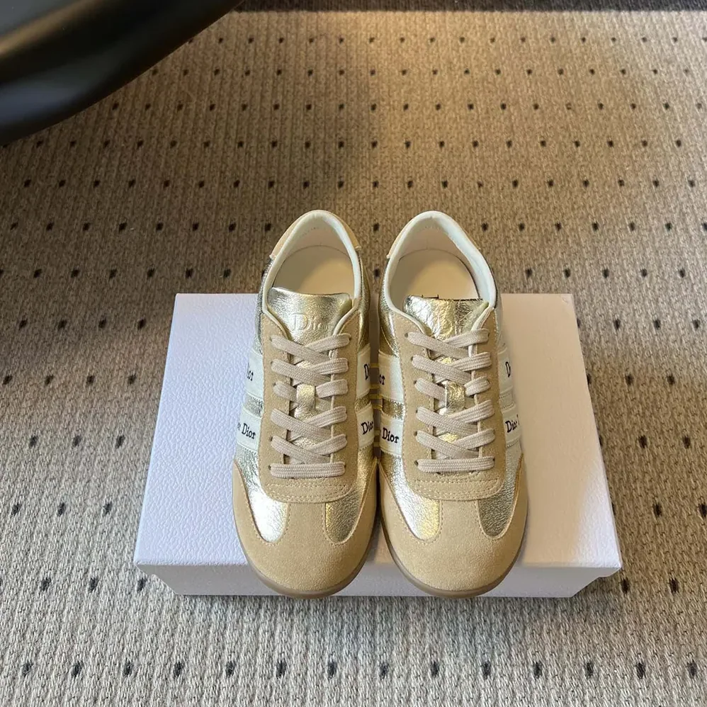 Dior Ribbon Sneaker Beige Suede Calfskin and Gold for Women in Tone Crinkled Laminated Lambskin Dior Ribbon Sneaker Beige Suede Calfskin and Gold for Women in Tone Crinkled Laminated Lambskin