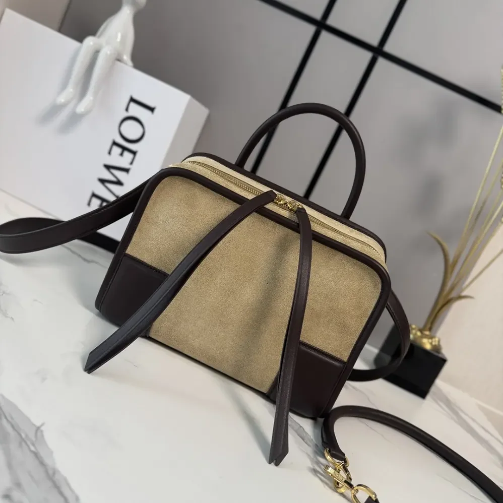 Loewe Small Amazona 180 Bag in Suede for Women in Oro/Chocolat Loewe Small Amazona 180 Bag in Suede for Women in Oro/Chocolat