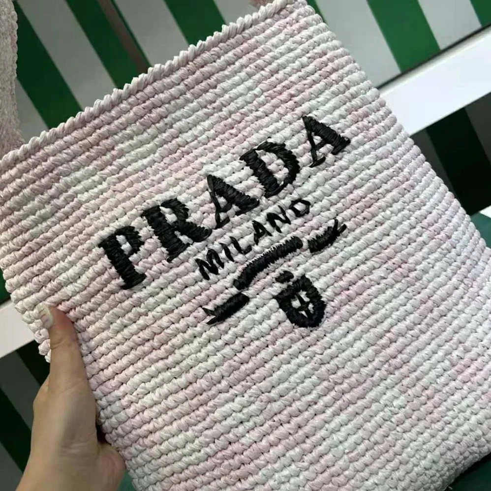 Prada Crochet Tote Bag with Embroidered Lettering Logo for Women in Pink