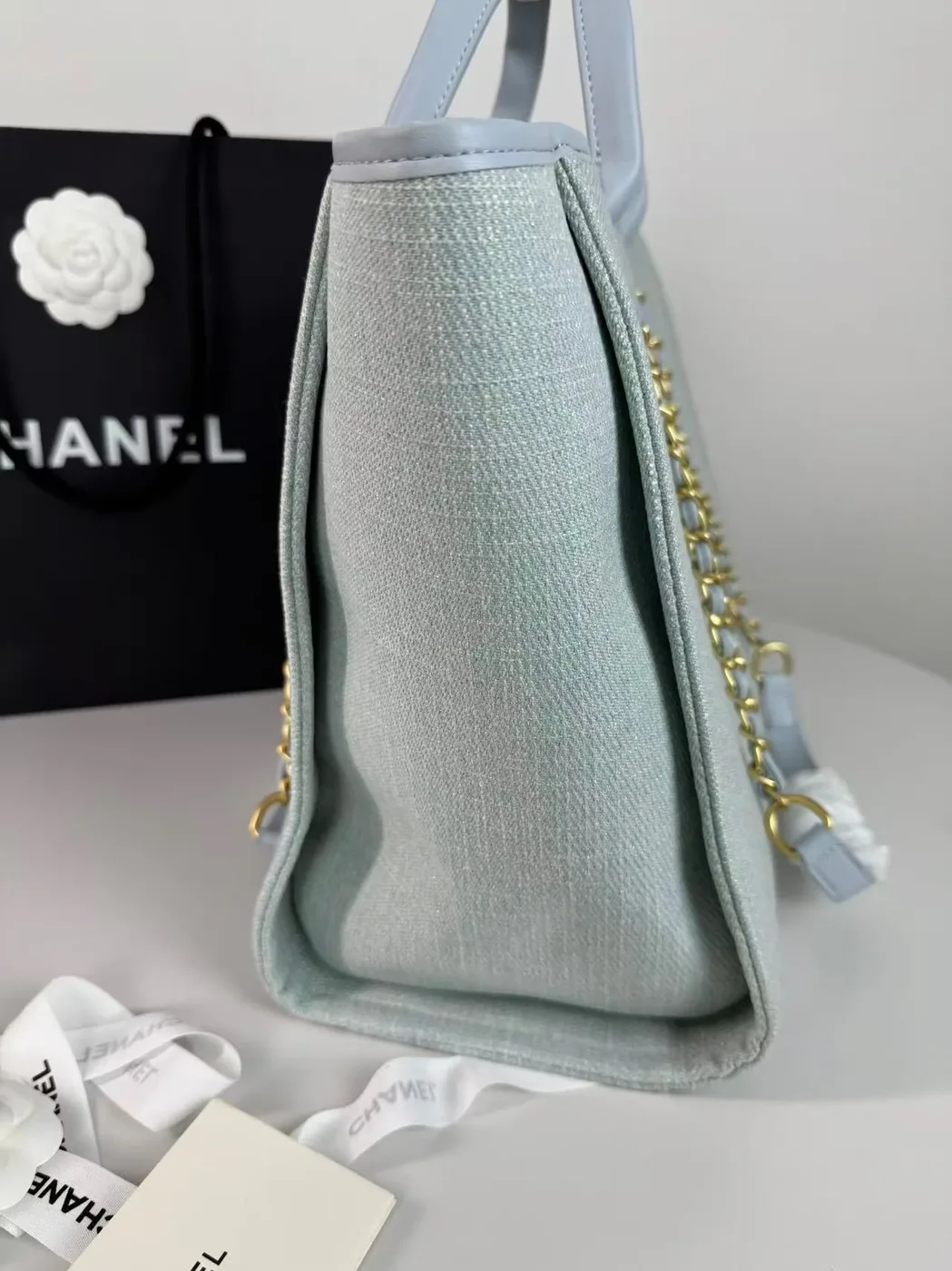 Chanel Deauville Small Tote Bag in Light Blue Gold Hardware Chanel Deauville Small Tote Bag in Light Blue Gold Hardware