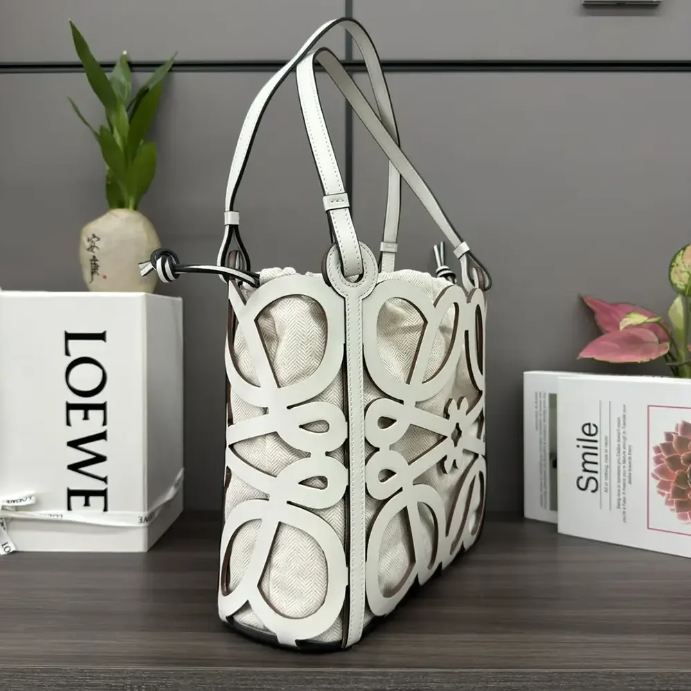 Loewe Small Anagram Cut-out Tote in Calfskin for Women in White