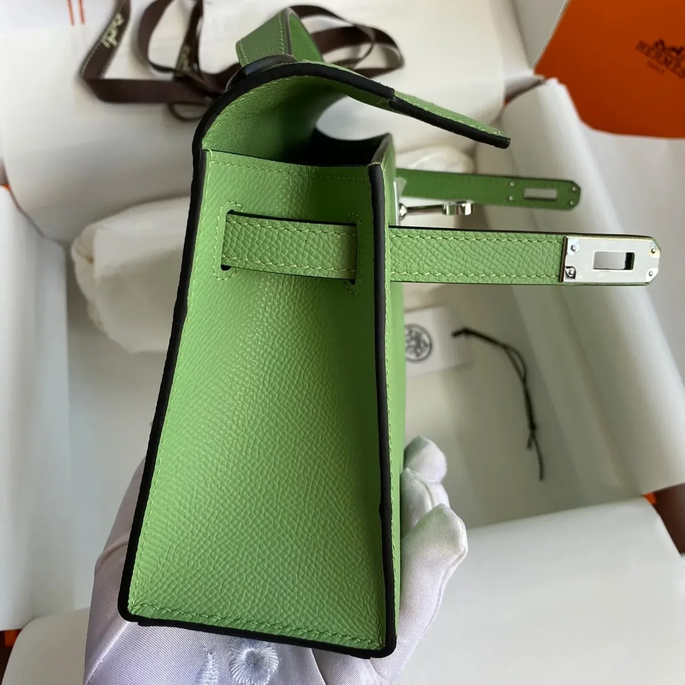 Hermes Kelly Pochette Top Handle Bag in Green Epsom Palladium Hardware