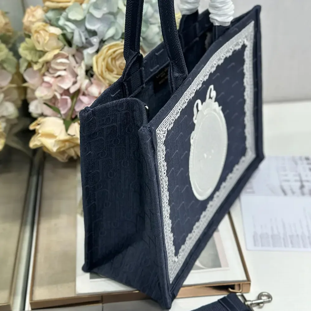Dior Medium Dior Book Tote with Strap Celestial Blue Dior Oblique Embroidery with White Lace and Dior Médaillon for Wome Dior Medium Dior Book Tote with Strap Celestial Blue Dior Oblique Embroidery with White Lace and Dior Médaillon for Wome