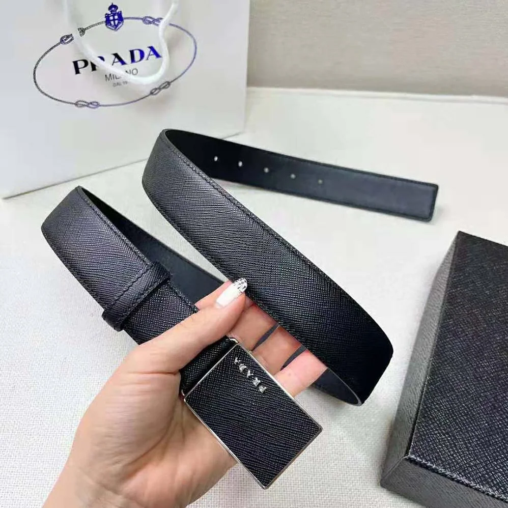 Prada Saffiano Leather Belt with Metal Lettering Logo for Men in Black Prada Saffiano Leather Belt with Metal Lettering Logo for Men in Black