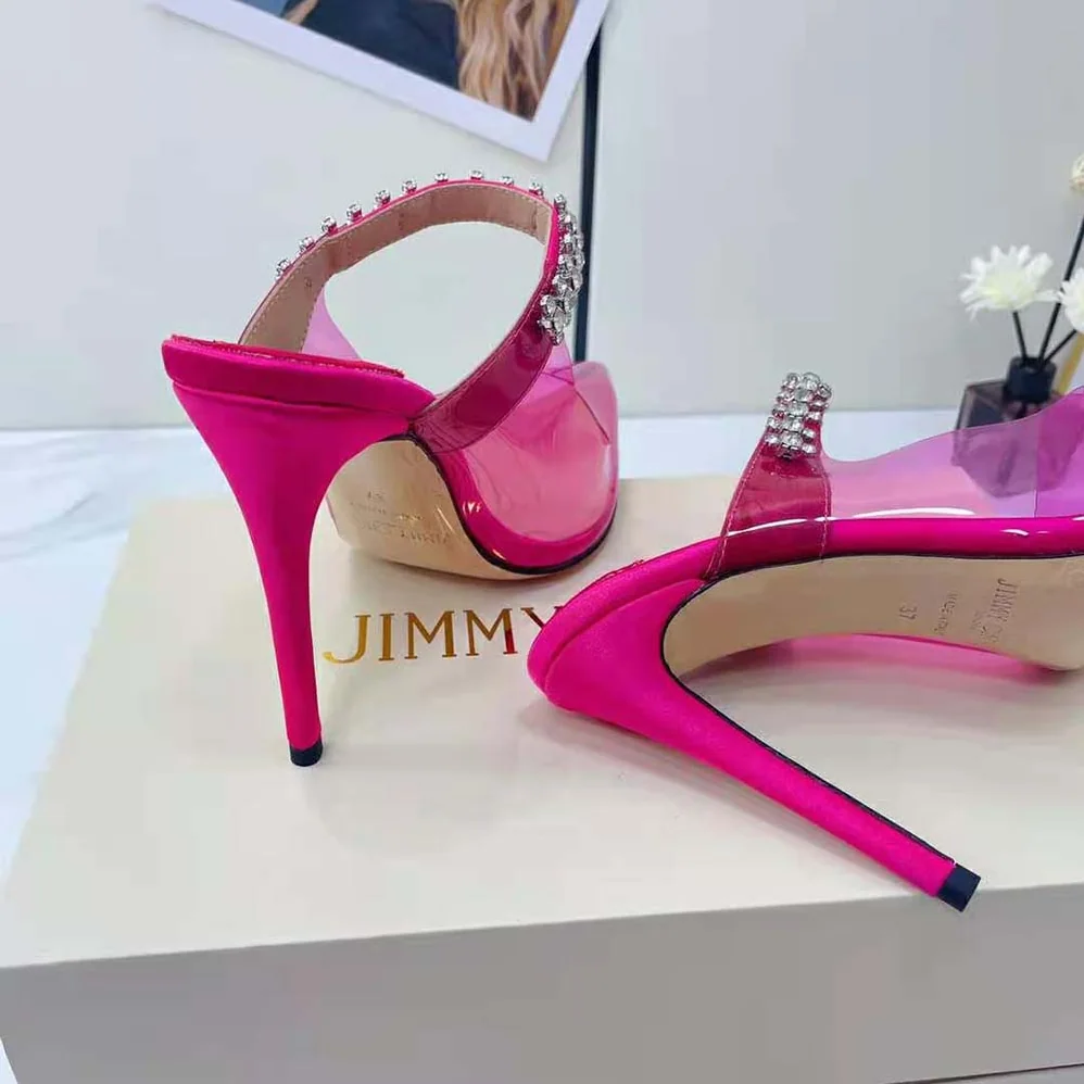 Jimmy Choo Bing 100 Hot Pink Neon Plexi Mules with Pink Crystal Strap for Women Jimmy Choo Bing 100 Hot Pink Neon Plexi Mules with Pink Crystal Strap for Women