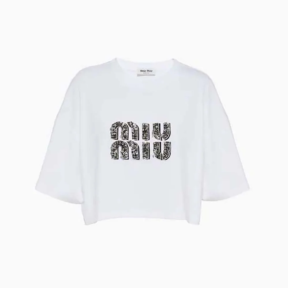 Miu Miu Embroidered Cotton T-shirt with Embroidered Logo for Women in White Miu Miu Embroidered Cotton T-shirt with Embroidered Logo for Women in White