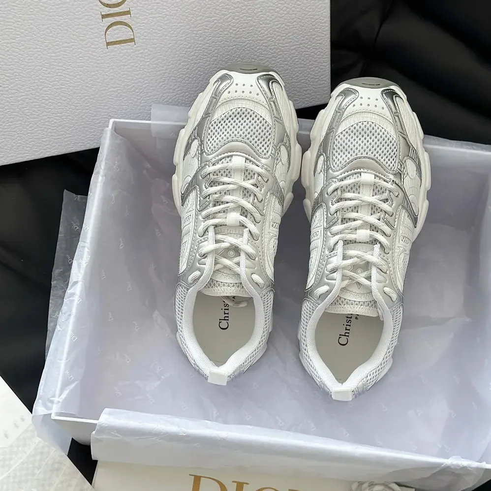 Dior Chrono Sneaker White Mesh with Silver-Tone and White Laminated Leather for Unisex in Effect Inserts