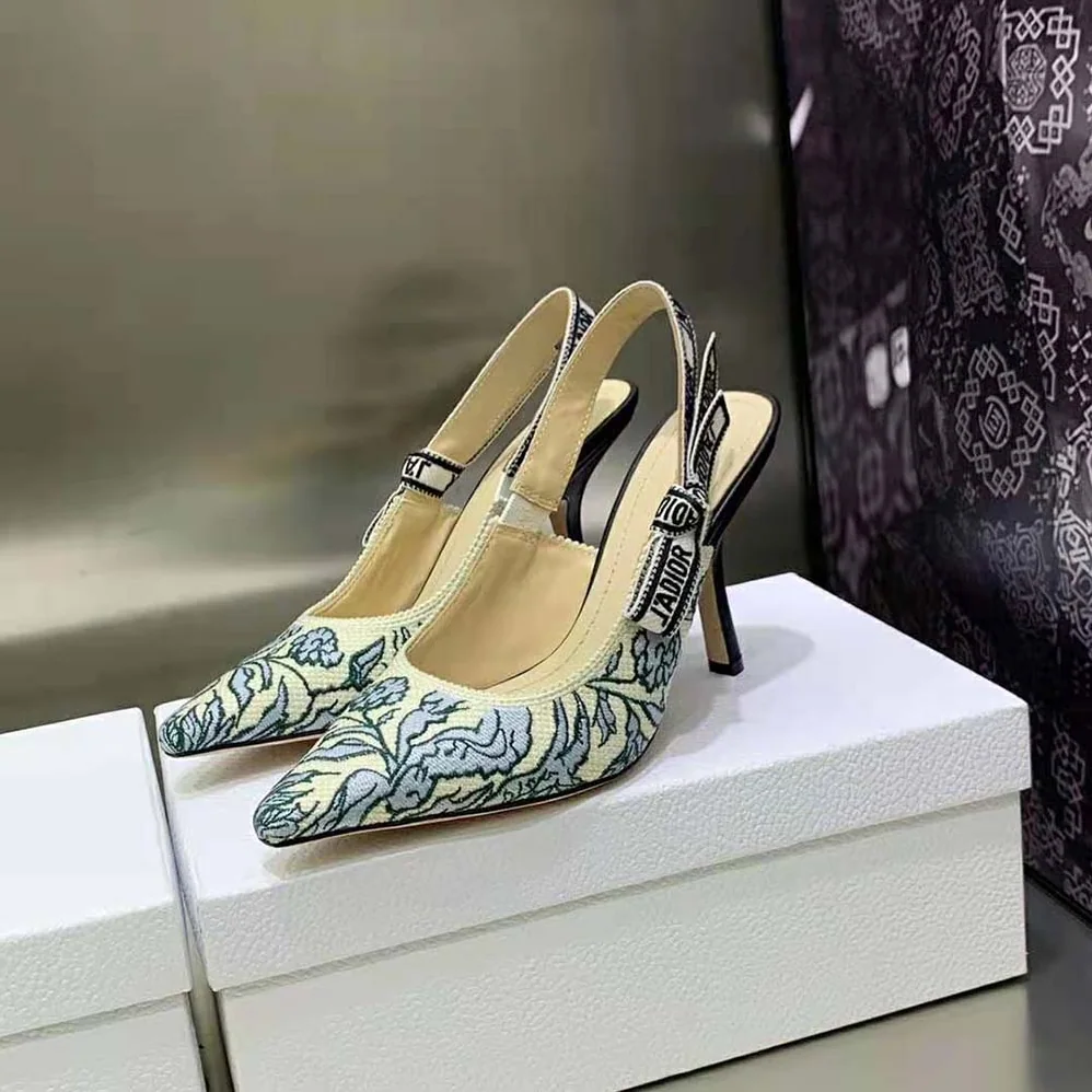 Dior J'Adior Slingback Pump Duck Blue Dior Brocart Embroidered Cotton with Gold for Women in Tone Metallic Thread