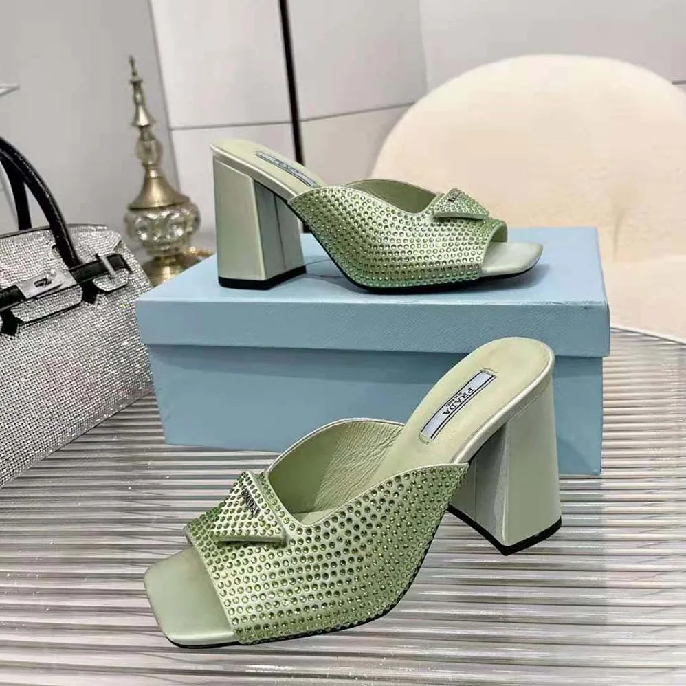Prada High-heeled Satin Slides with Crystals for Women in Auqa Prada High-heeled Satin Slides with Crystals for Women in Auqa