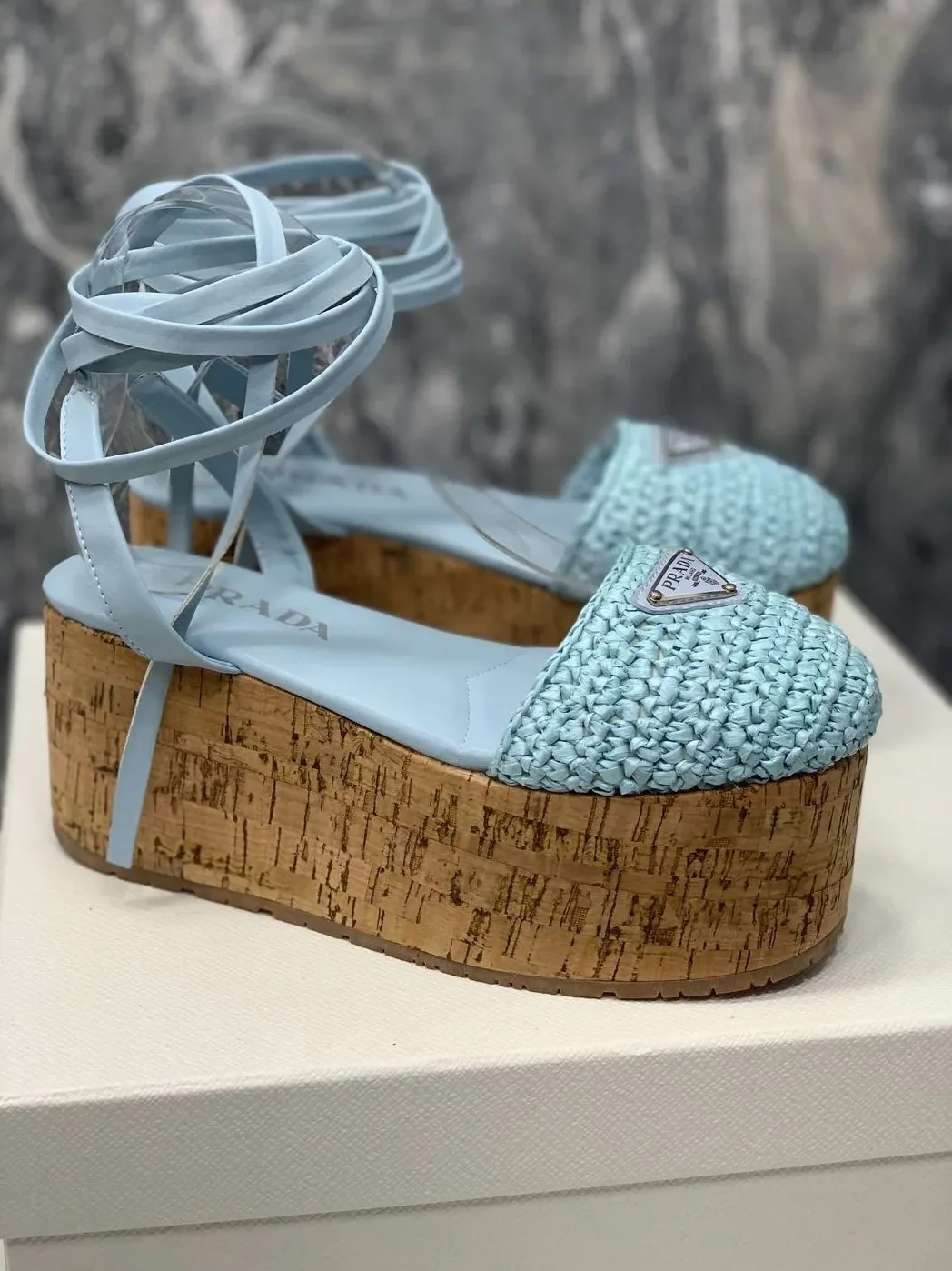 Prada Crochet Wedge Sandals Light Blue