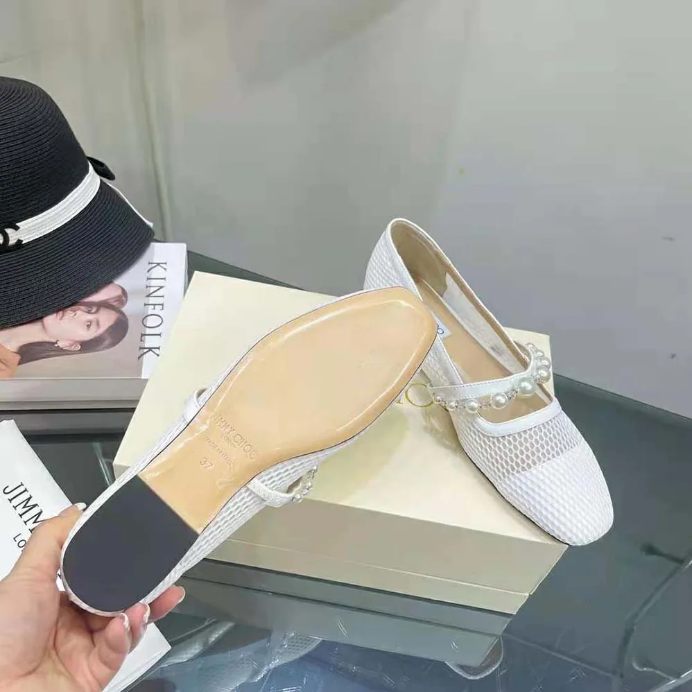Jimmy Choo Ade Flat White Fishnet Mesh and Latte Nappa Flats with Pearl for Women in Embellished Strap