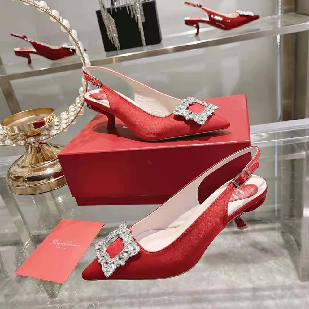 Roger Vivier Virgule Strass Buckle Slingback Pumps in Satin for Women in Red Roger Vivier Virgule Strass Buckle Slingback Pumps in Satin for Women in Red