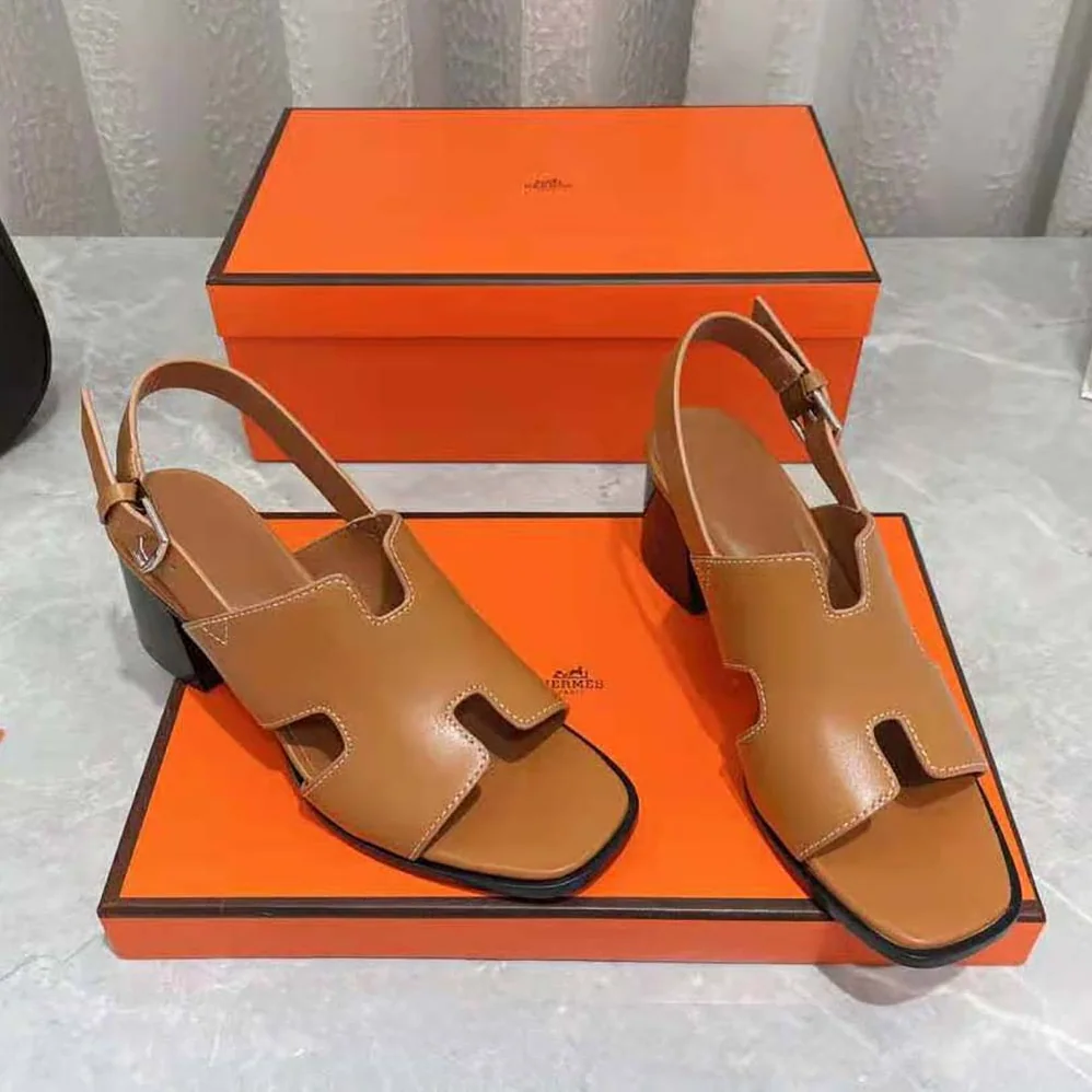 Hermes Elbe 60 Sandal in Calfskin with H Cut-Out Detail for Women in Brown Hermes Elbe 60 Sandal in Calfskin with H Cut-Out Detail for Women in Brown