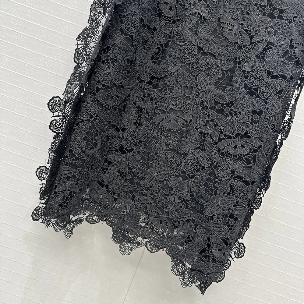 Dior Mid-Length Skirt Black Cotton-Blend Lace with Allover Butterfly Motif for Women