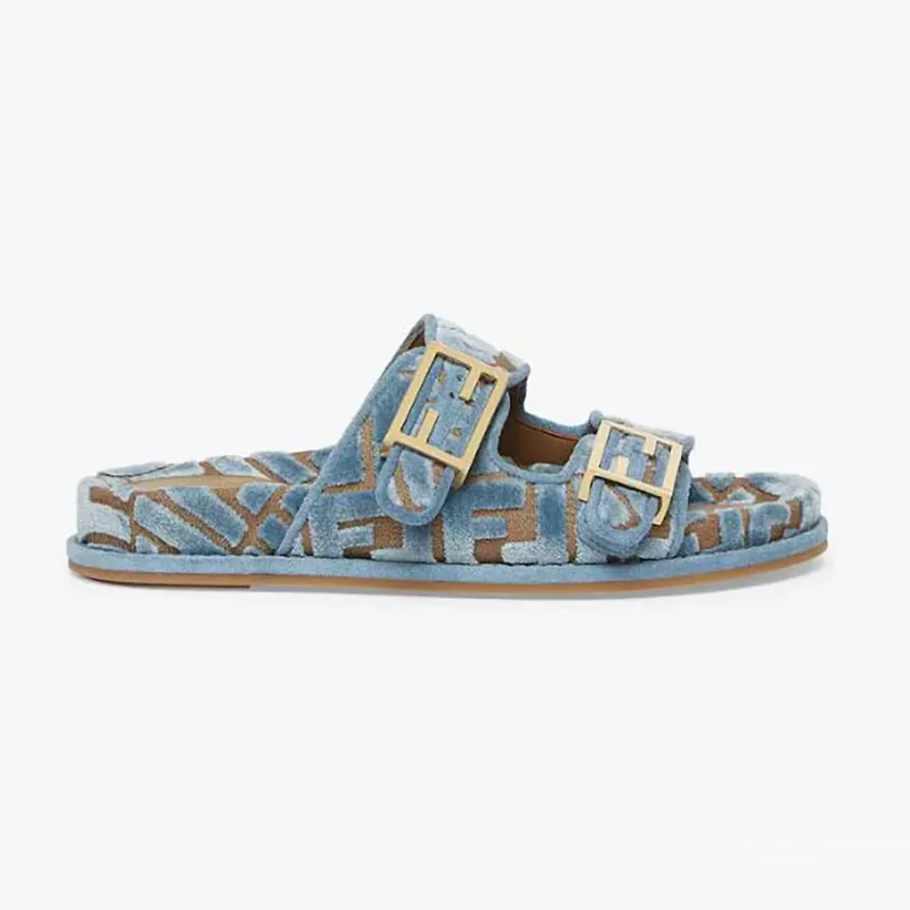 Fendi Feel Light Blue FF Jacquard Velvet Slides for Women