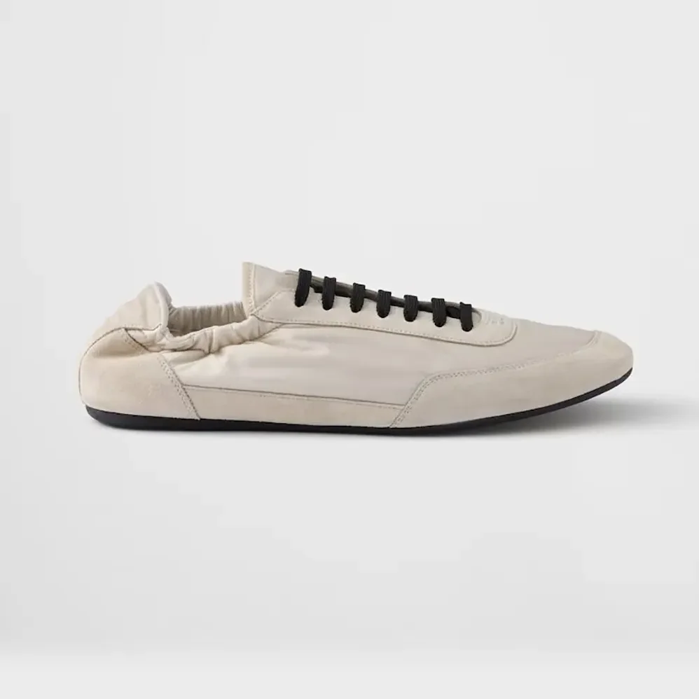 Prada Collapse Re-Nylon and Suede Elasticized Sneakers for Unisex in Ivory Prada Collapse Re-Nylon and Suede Elasticized Sneakers for Unisex in Ivory