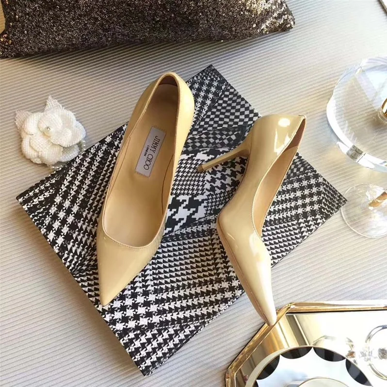 Jimmy Choo Romy 85 Patent Leather Pointy Toe Pumps Shoes for Women in Beige