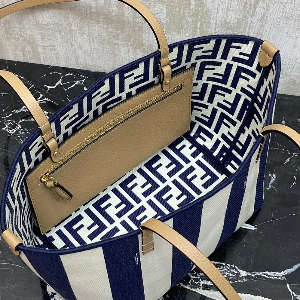 Fendi Small Roll Reversible Shopper in Pequin Striped and Midnight Blue FF Fabric for Women Fendi Small Roll Reversible Shopper in Pequin Striped and Midnight Blue FF Fabric for Women