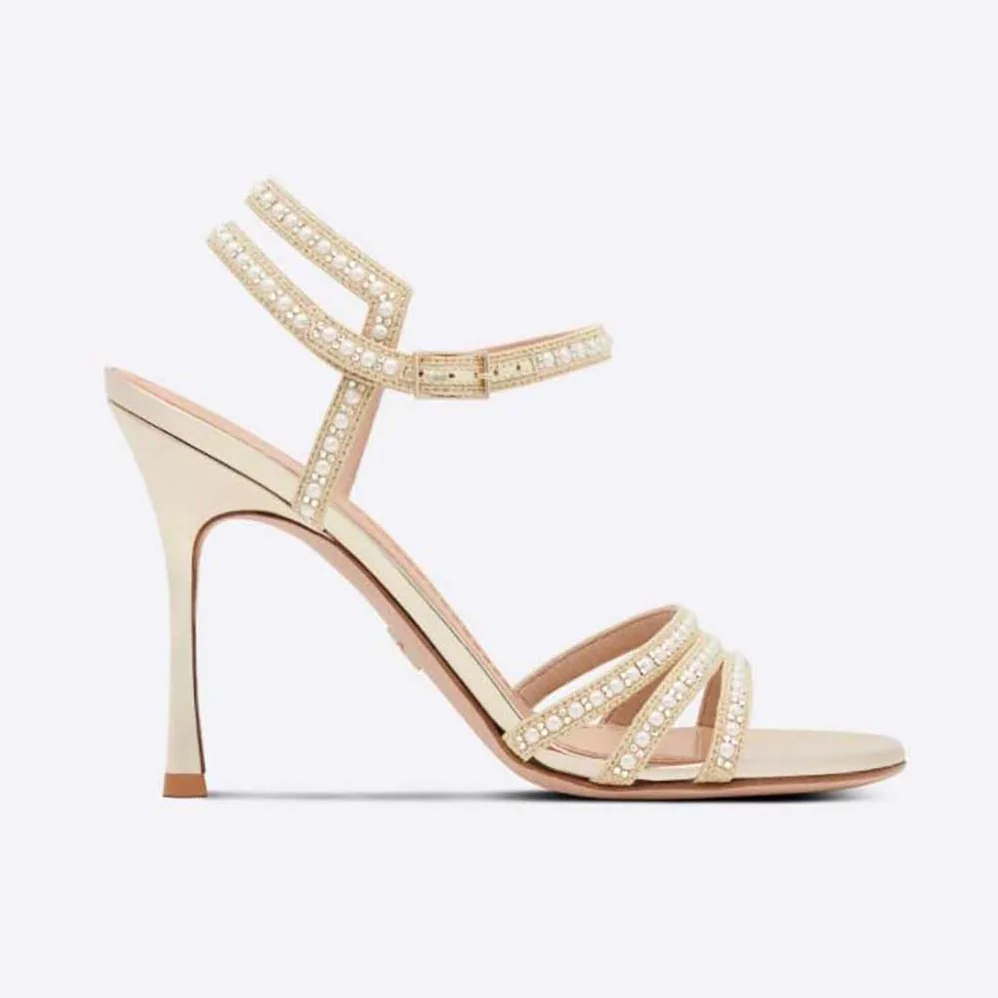 Dior Gem Heeled Sandal Cotton Embroidered with Gold-Tone Metallic Thread and White Beads and Strass for Women Dior Gem Heeled Sandal Cotton Embroidered with Gold-Tone Metallic Thread and White Beads and Strass for Women