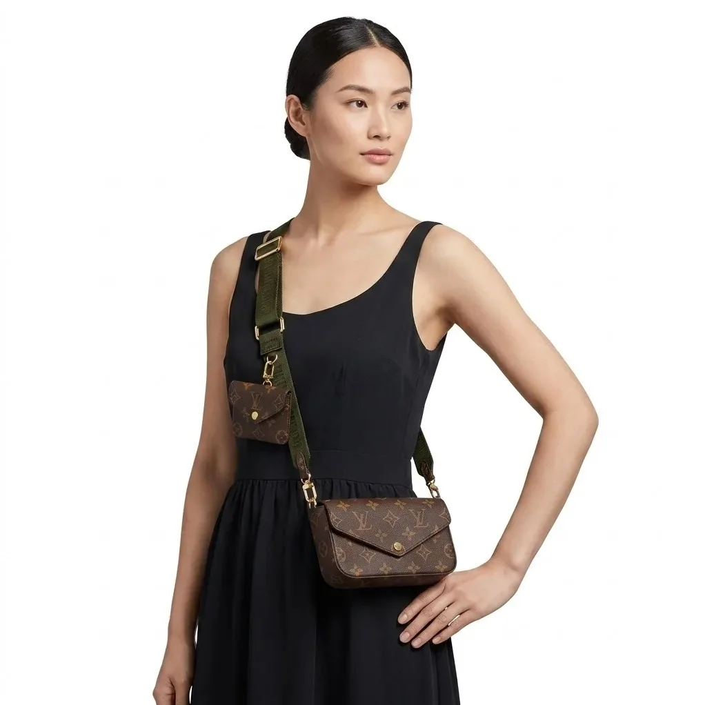 Louis Vuitton Pochette Felicie Strap & Go Wallet Shoulder Bag / Khaki Green Monogram Canvas Gold Hardware