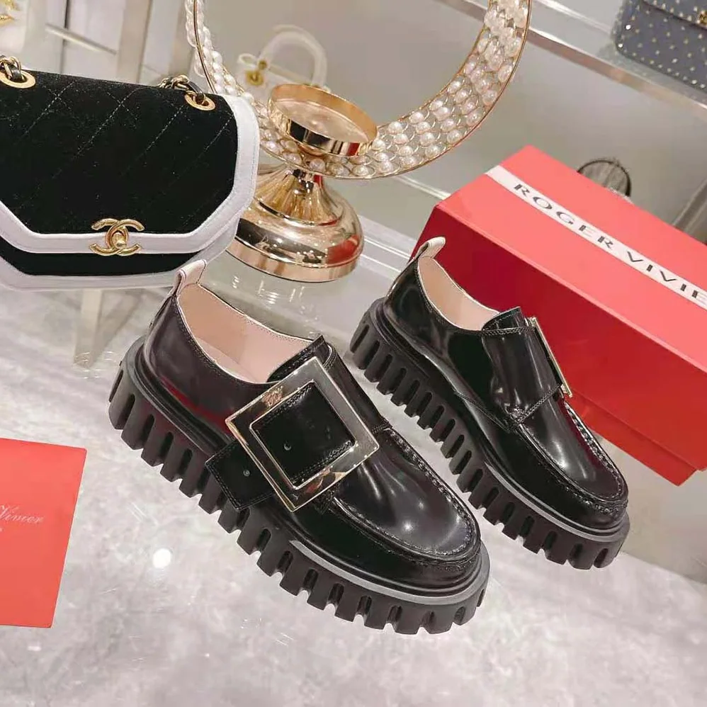 Roger Vivier Viv Go-Thick Metal Buckle Loafers in Patent Leather for Women in Black Roger Vivier Viv Go-Thick Metal Buckle Loafers in Patent Leather for Women in Black