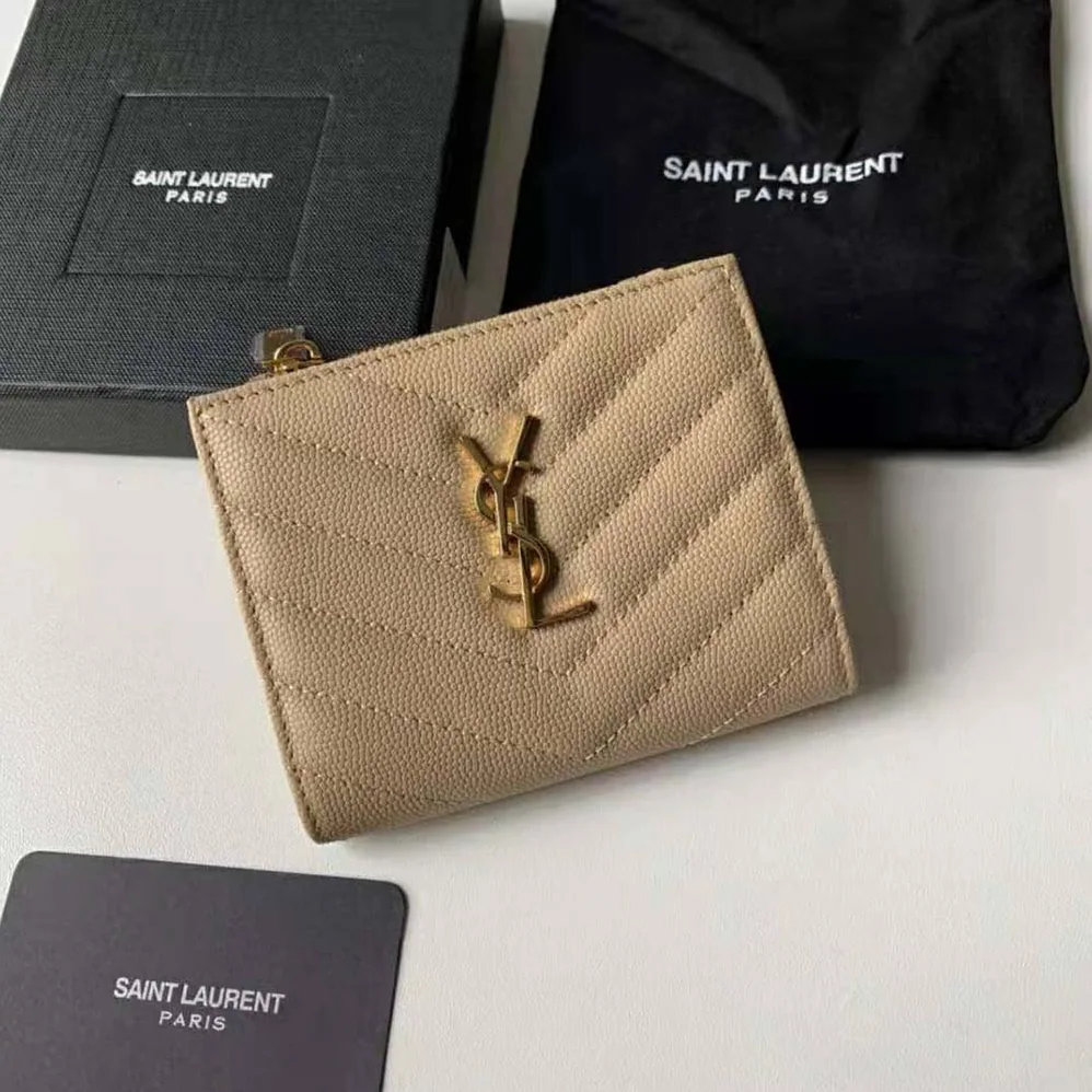 Saint Laurent YSL Monogram Zipped Card Case in Grain DE Poudre Embossed Leather for Women in Pink Saint Laurent YSL Monogram Zipped Card Case in Grain DE Poudre Embossed Leather for Women in Pink