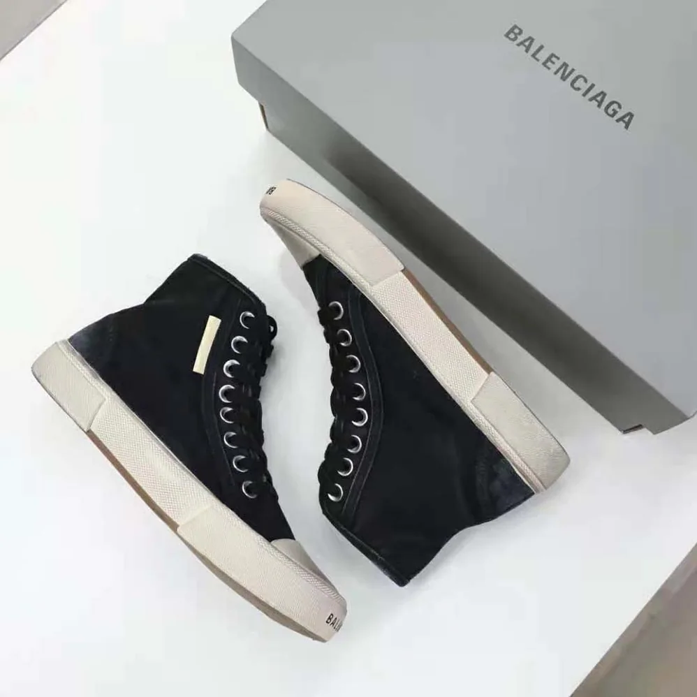 Balenciaga Paris High Top Sneaker in Black Destroyed Cotton and White Rubber for Unisex