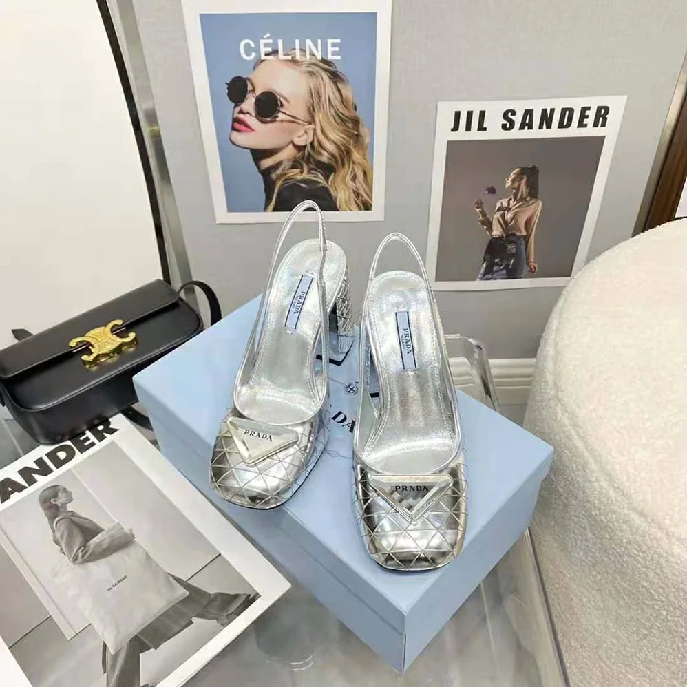 Prada Metallic Leather Slingback Pumps for Women in Silver Prada Metallic Leather Slingback Pumps for Women in Silver