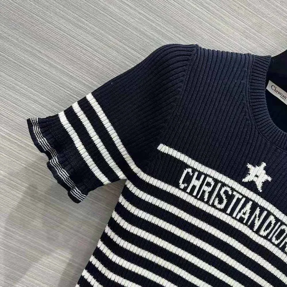 Dior Short-Sleeved Sweater Navy Blue and White Cotton Ribbed Knit with Signature for Women