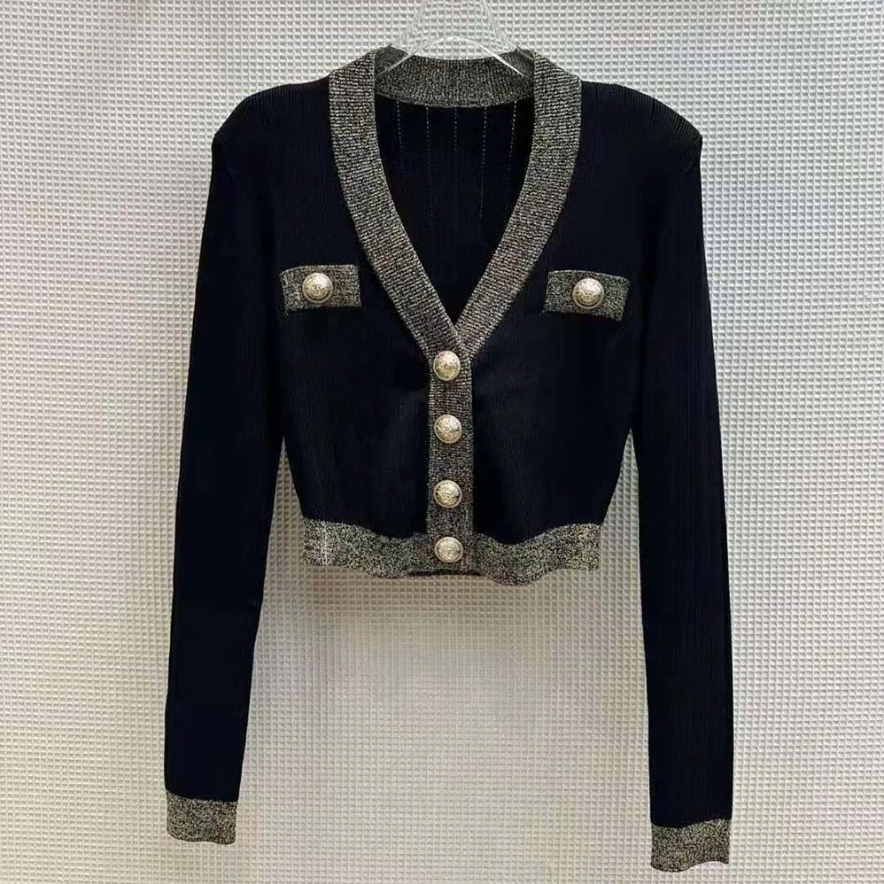 Balmain Cropped Knit Cardigan with Gold Trim for Women