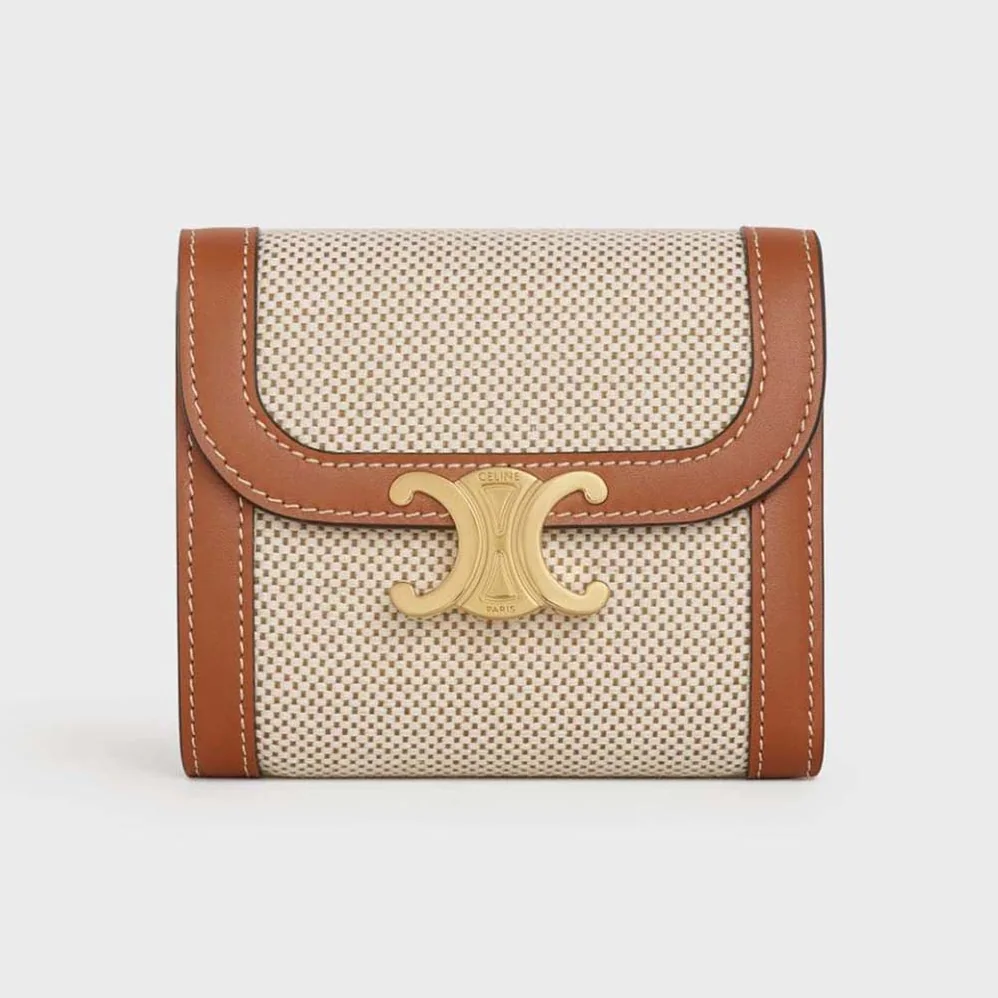 Celine Small Triomphe Wallet in Textile and Calfskin for Women in Brown Celine Small Triomphe Wallet in Textile and Calfskin for Women in Brown