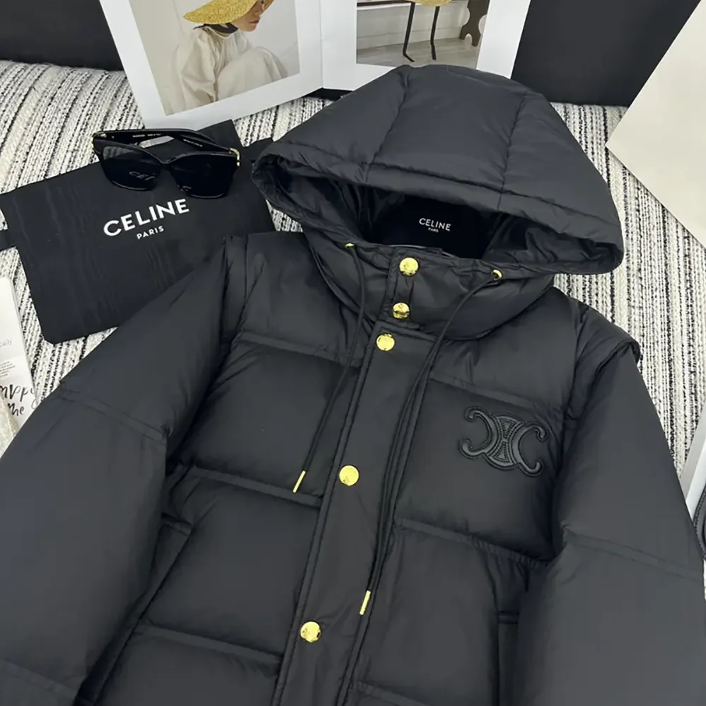 Celine Triomphe Cropped Down Jacket in Lightweight Nylon for Women in Black