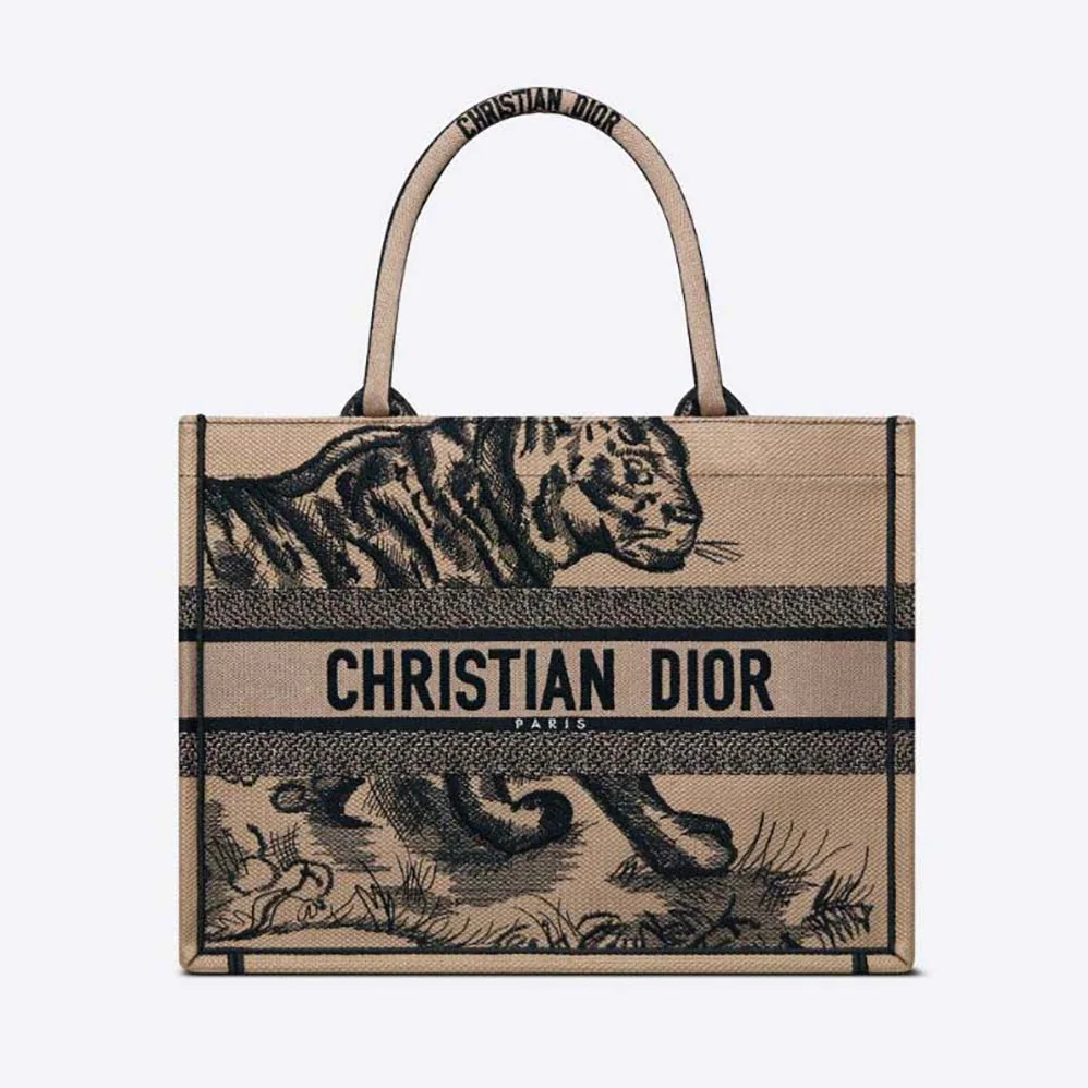 Dior Medium Dior Book Tote Brown and Black Macro Toile de Jouy Tiger Embroidery for Women Dior Medium Dior Book Tote Brown and Black Macro Toile de Jouy Tiger Embroidery for Women