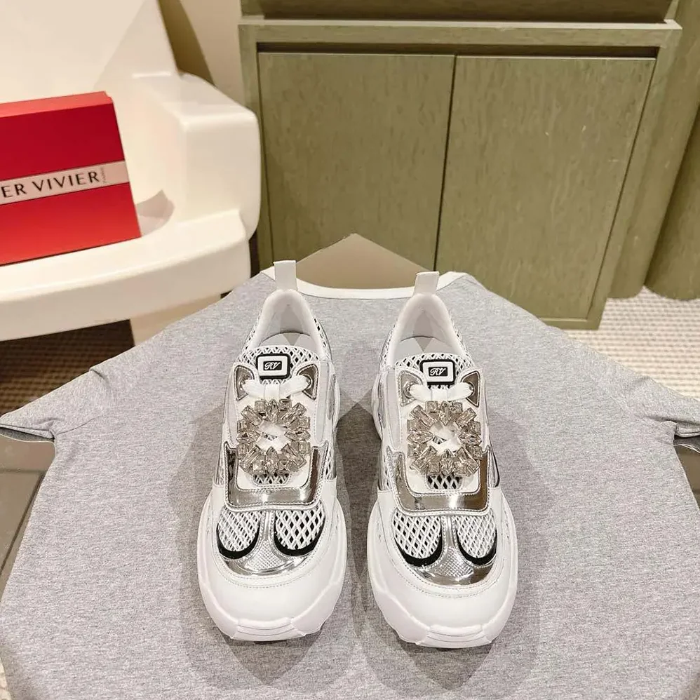 Roger Vivier Viv' on the Run Sneakers in Leather and Fabric for Women in White Roger Vivier Viv' on the Run Sneakers in Leather and Fabric for Women in White