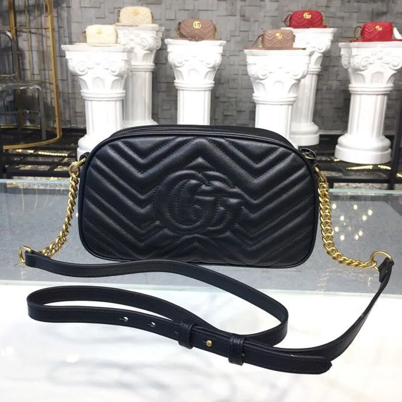 Gucci GG Marmont Small Matelassé Shoulder Bag Black Matelassé Chevron /