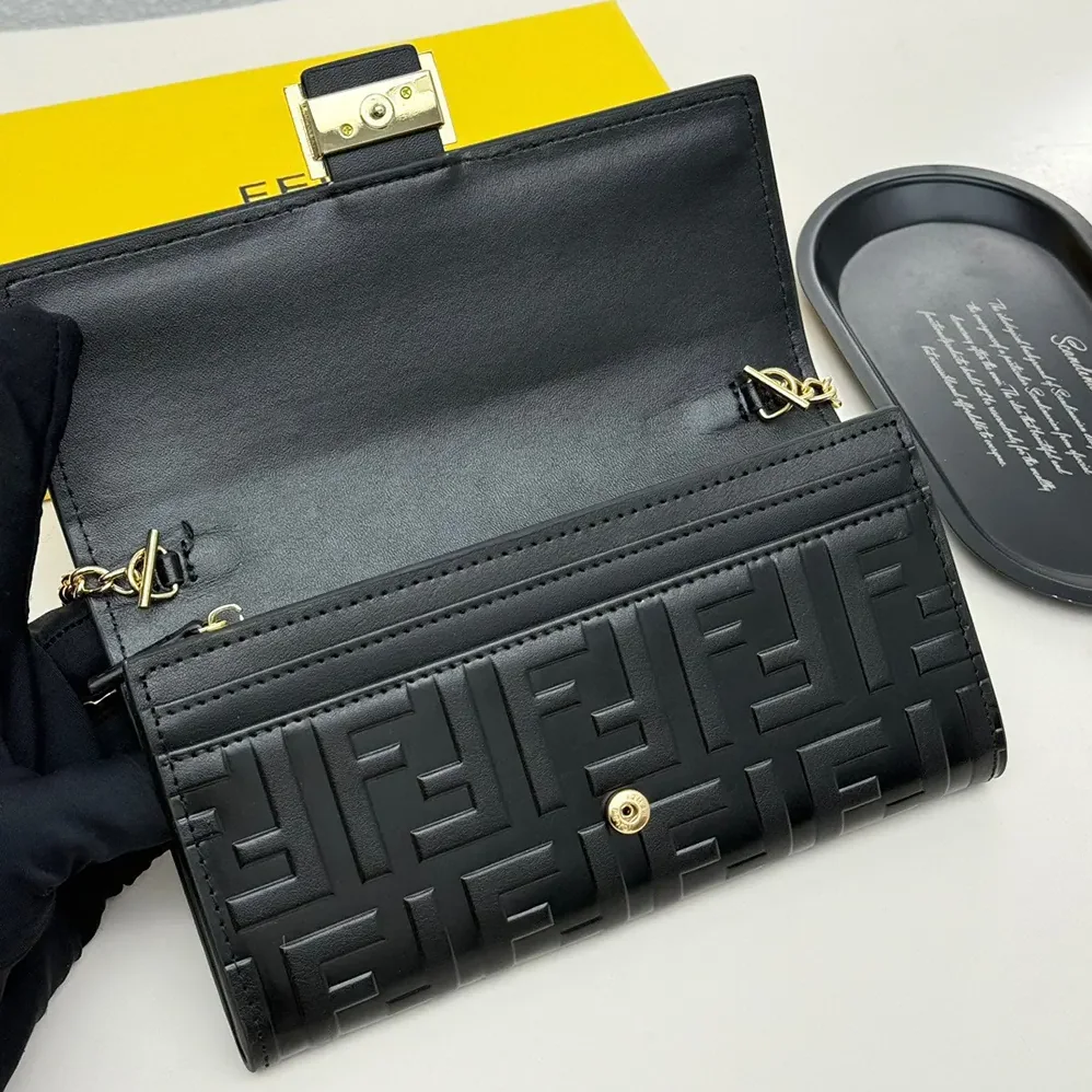 Fendi Baguette Continental Wallet With Chain Black Nappa Leather Wallet for Women