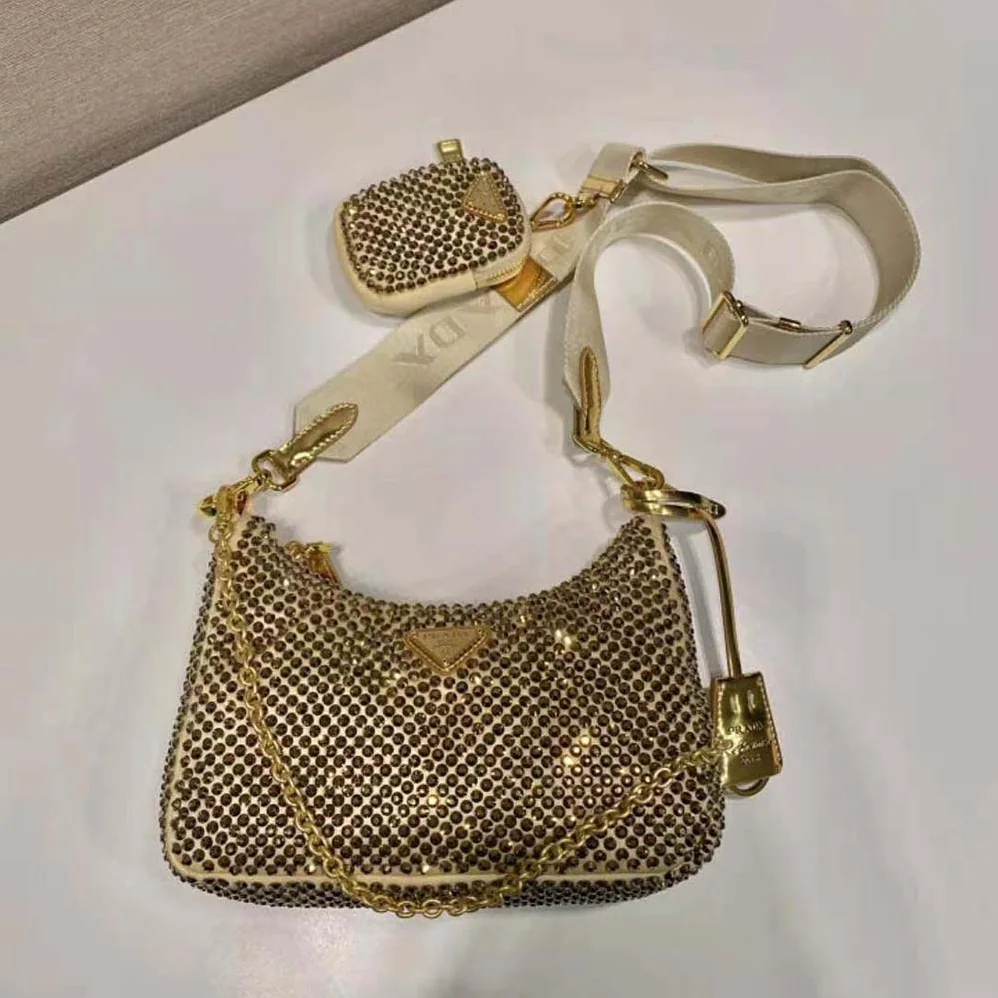 Prada Re-Edition 2005 Satin Bag with Crystals for Women in Gold