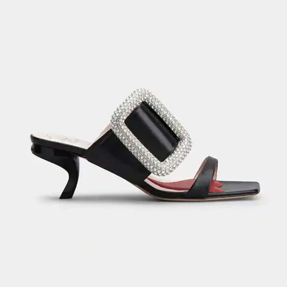 Roger Vivier Viv Choc Side Strass Buckle Mules in Leather for Women in Black Roger Vivier Viv Choc Side Strass Buckle Mules in Leather for Women in Black