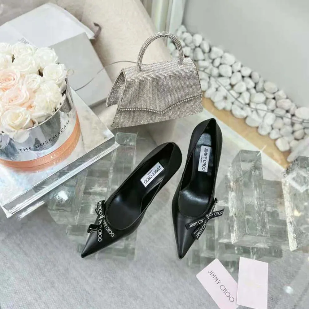 Jimmy Choo Romy 85 Black Nappa Leather Pumps with Jimmy Choo Bow for Women Jimmy Choo Romy 85 Black Nappa Leather Pumps with Jimmy Choo Bow for Women