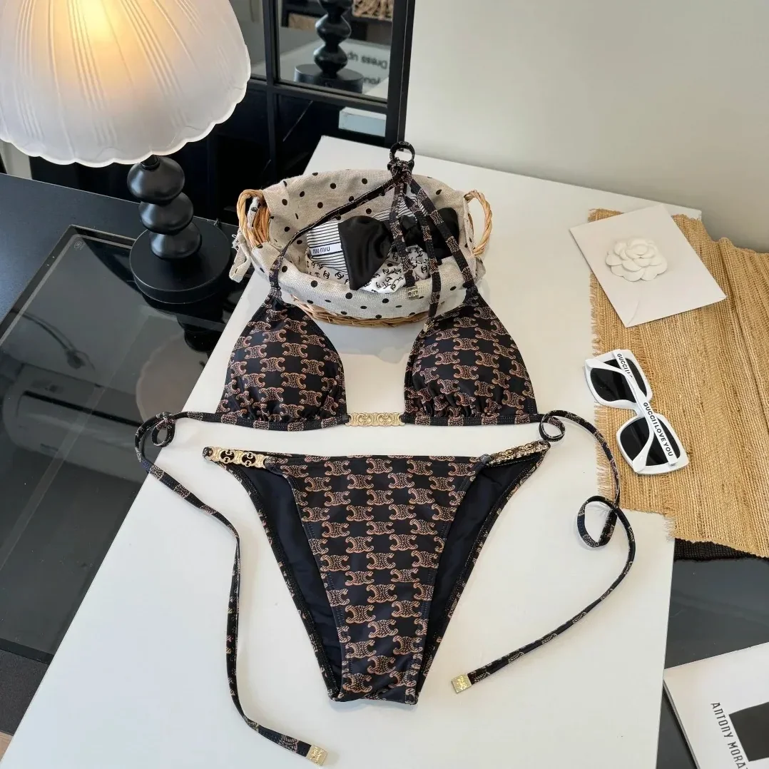 Celine Triomphe Monogram Triangle Bikini Black in Gold Celine Triomphe Monogram Triangle Bikini Black in Gold