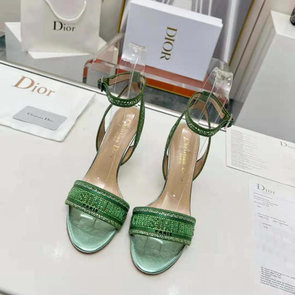 Dior Dway Heeled Slide Green Cotton Embroidered with Metallic Thread and Strass for Women Dior Dway Heeled Slide Green Cotton Embroidered with Metallic Thread and Strass for Women