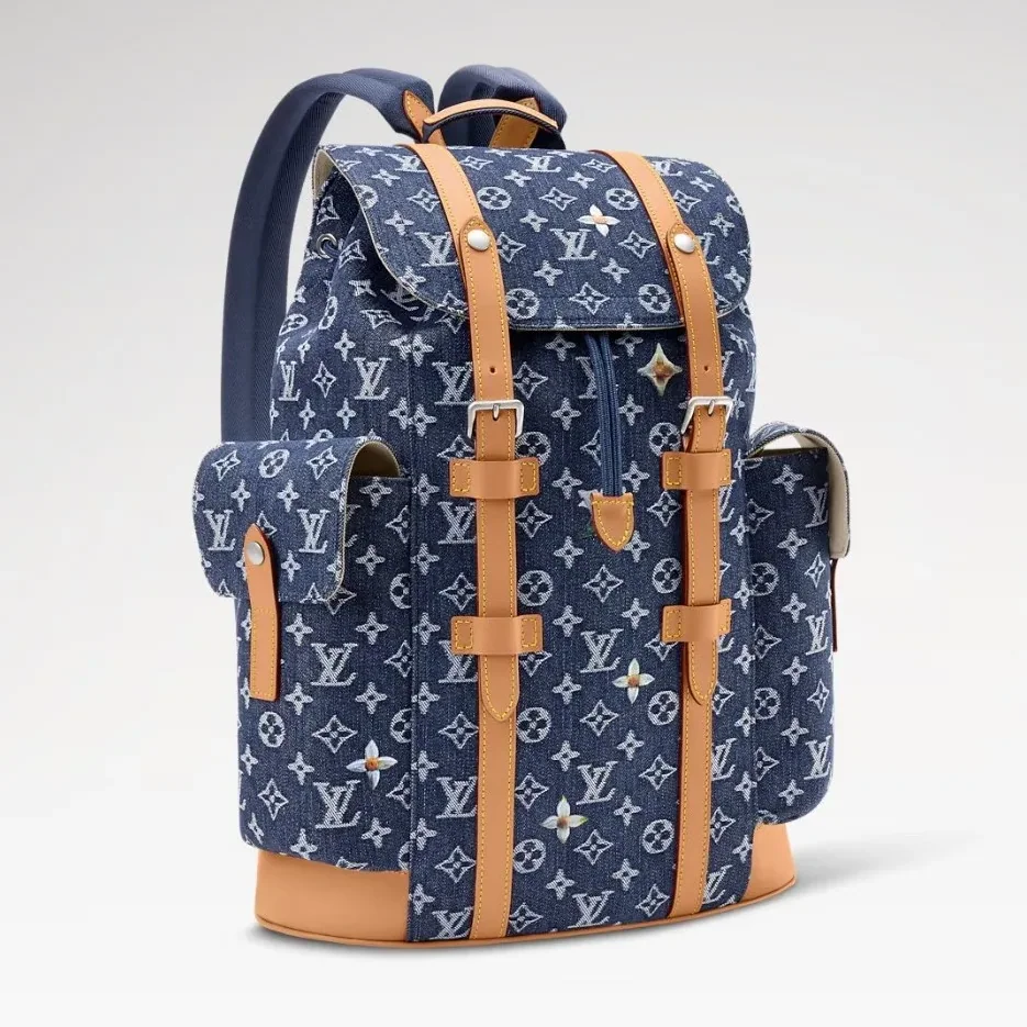 Louis Vuitton Christopher MM Backpack / Blue Monogram Flowers Denim Silver Hardware