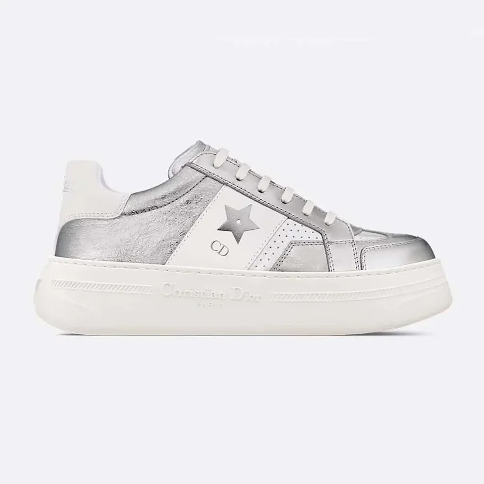 Dior Star Platform Sneaker Silver-Tone Crinkled-Effect Lambskin and White Calfskin for Women