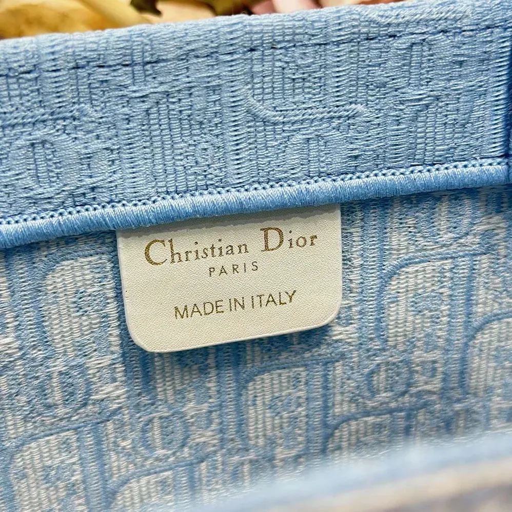 Dior Small Dior Book Tote with Strap Celestial Blue Dior Oblique Embroidery with White Lace and Dior Médaillon for Women Dior Small Dior Book Tote with Strap Celestial Blue Dior Oblique Embroidery with White Lace and Dior Médaillon for Women